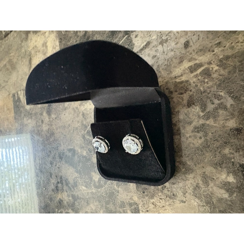 Silver Tone Round Halo Cubic Zirconia Stud Earrings Brilliant Cut Pave Border - Picture 8 of 14